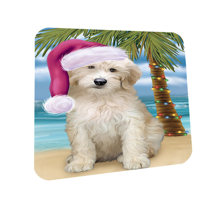 Summertime Happy Holidays Christmas Goldendoodle Dog on Tropical Island Beach Coasters Set of 4 CST54388