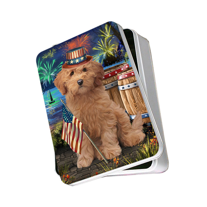 4th of July Independence Day Firework Goldendoodle Dog Photo Storage Tin PITN53992