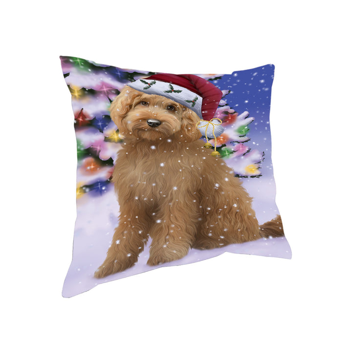 Winterland Wonderland Goldendoodle Dog In Christmas Holiday Scenic Background Pillow PIL71640