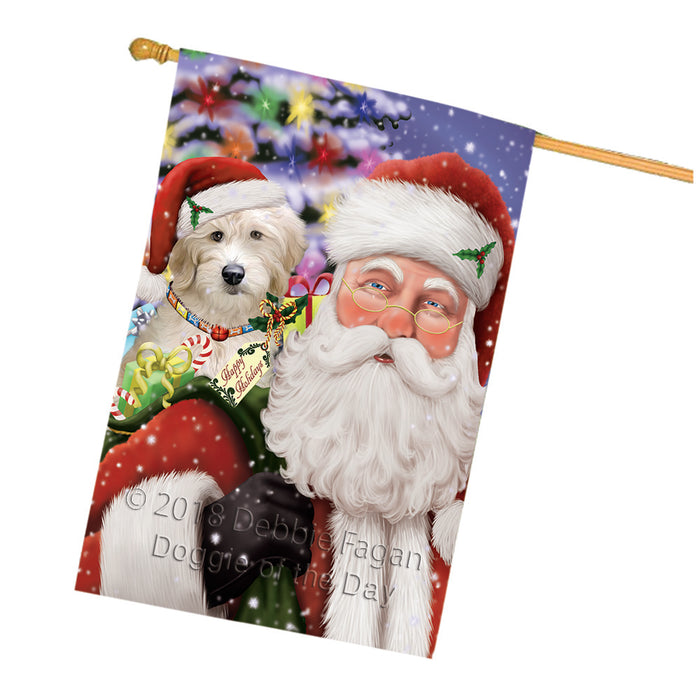 Santa Carrying Goldendoodle Dog and Christmas Presents House Flag FLG53887