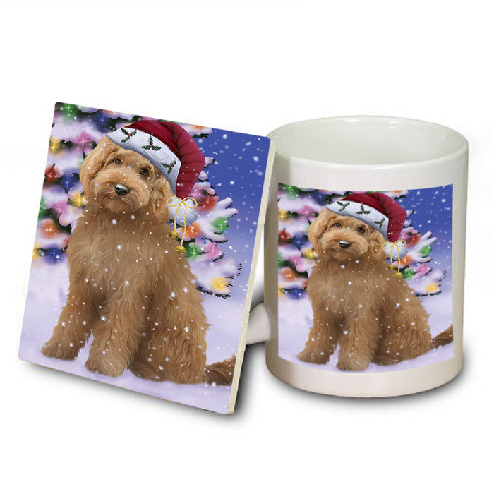Winterland Wonderland Goldendoodle Dog In Christmas Holiday Scenic Background Mug and Coaster Set MUC53746