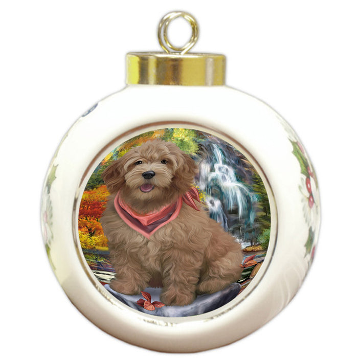 Scenic Waterfall Goldendoodle Dog Round Ball Christmas Ornament RBPOR51893