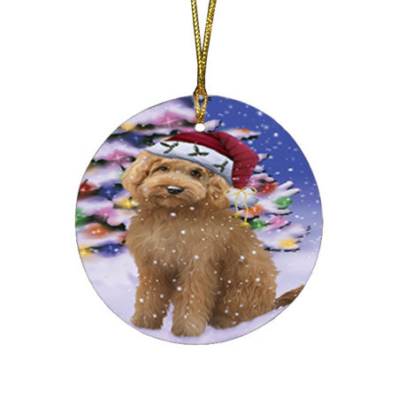 Winterland Wonderland Goldendoodle Dog In Christmas Holiday Scenic Background Round Flat Christmas Ornament RFPOR53745
