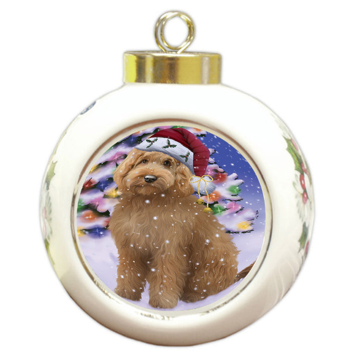 Winterland Wonderland Goldendoodle Dog In Christmas Holiday Scenic Background Round Ball Christmas Ornament RBPOR53754