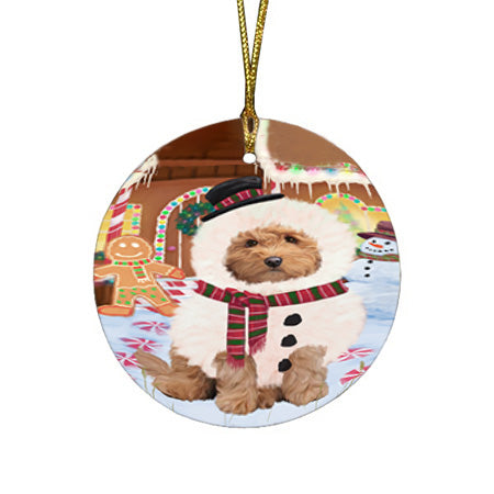 Christmas Gingerbread House Candyfest Goldendoodle Dog Round Flat Christmas Ornament RFPOR56701