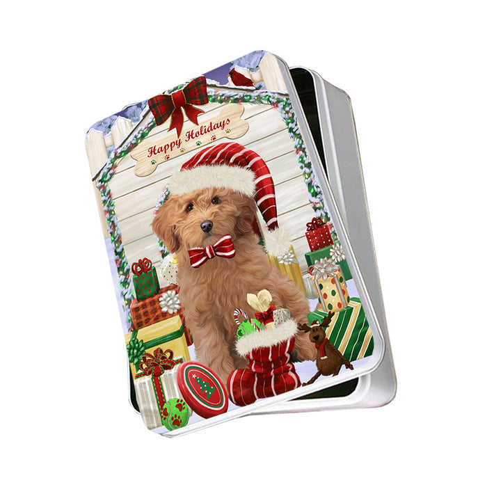 Happy Holidays Christmas Goldendoodle Dog With Presents Photo Storage Tin PITN52657