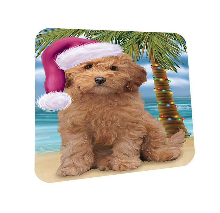 Summertime Happy Holidays Christmas Goldendoodle Dog on Tropical Island Beach Coasters Set of 4 CST54389