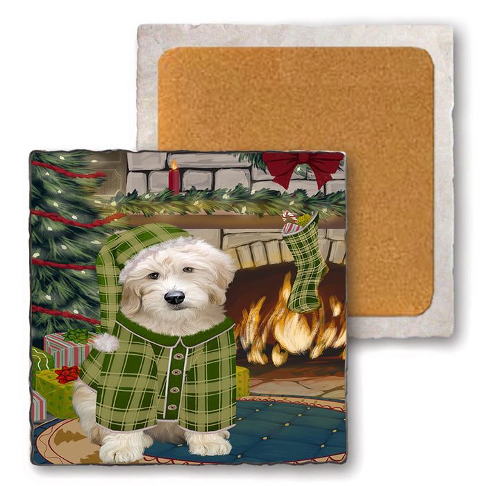 The Stocking was Hung Goldendoodle Dog Set of 4 Natural Stone Marble Tile Coasters MCST50319