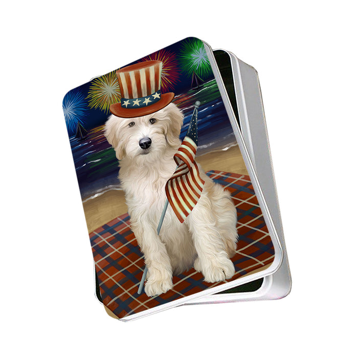 4th of July Independence Day Firework Goldendoodle Dog Photo Storage Tin PITN52094