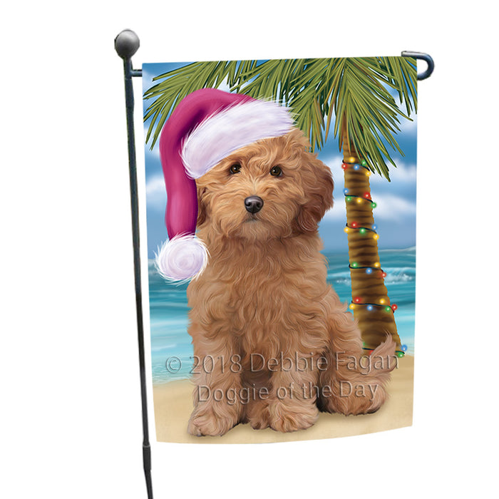 Summertime Happy Holidays Christmas Goldendoodle Dog on Tropical Island Beach Garden Flag GFLG54621