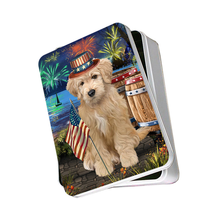 4th of July Independence Day Firework Goldendoodle Dog Photo Storage Tin PITN53993