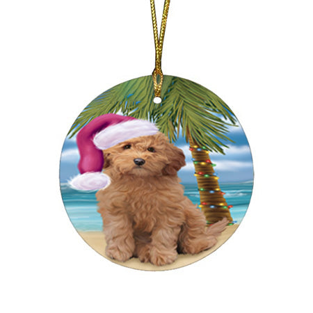Summertime Happy Holidays Christmas Goldendoodle Dog on Tropical Island Beach Round Flat Christmas Ornament RFPOR54550