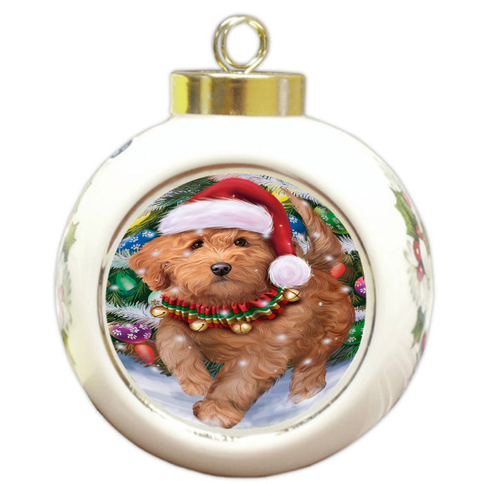 Trotting in the Snow Goldendoodle Dog Round Ball Christmas Ornament RBPOR54712