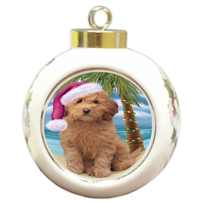 Summertime Happy Holidays Christmas Goldendoodle Dog on Tropical Island Beach Round Ball Christmas Ornament RBPOR54559