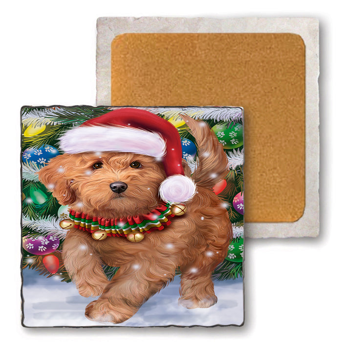 Trotting in the Snow Goldendoodle Dog Set of 4 Natural Stone Marble Tile Coasters MCST49584