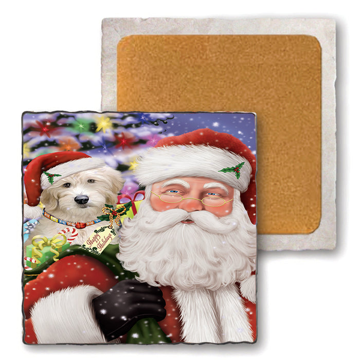 Santa Carrying Goldendoodle Dog and Christmas Presents Set of 4 Natural Stone Marble Tile Coasters MCST48689