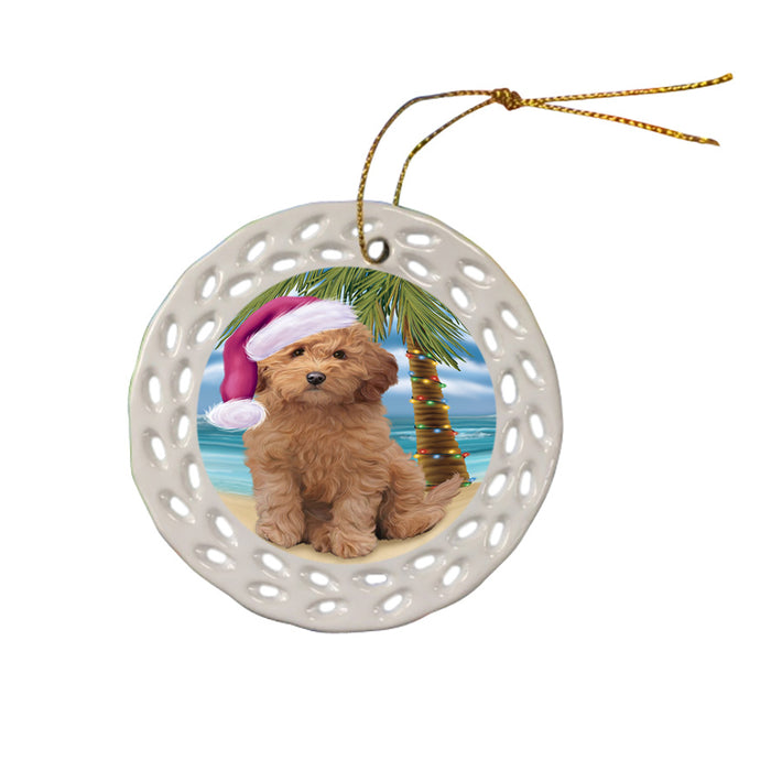 Summertime Happy Holidays Christmas Goldendoodle Dog on Tropical Island Beach Ceramic Doily Ornament DPOR54559