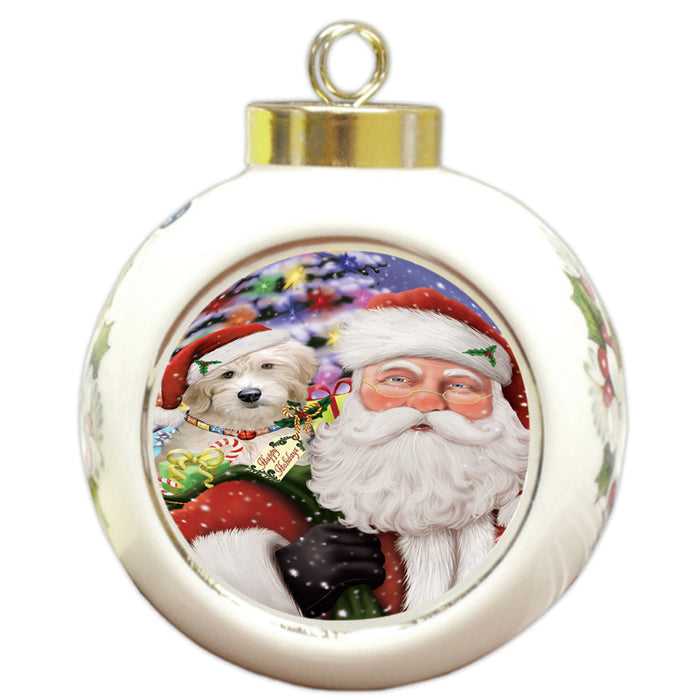 Santa Carrying Goldendoodle Dog and Christmas Presents Round Ball Christmas Ornament RBPOR53689