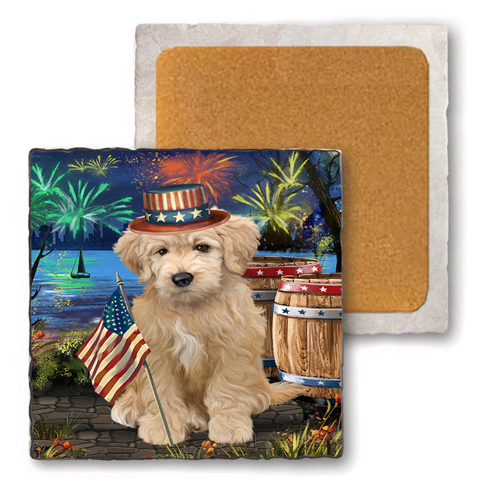 4th of July Independence Day Firework Goldendoodle Dog Set of 4 Natural Stone Marble Tile Coasters MCST49050