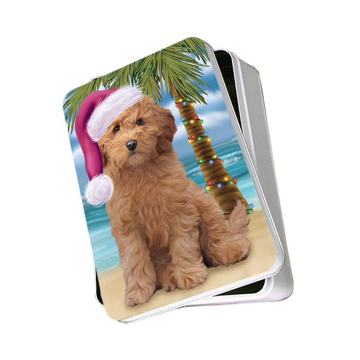 Summertime Happy Holidays Christmas Goldendoodle Dog on Tropical Island Beach Photo Storage Tin PITN54374