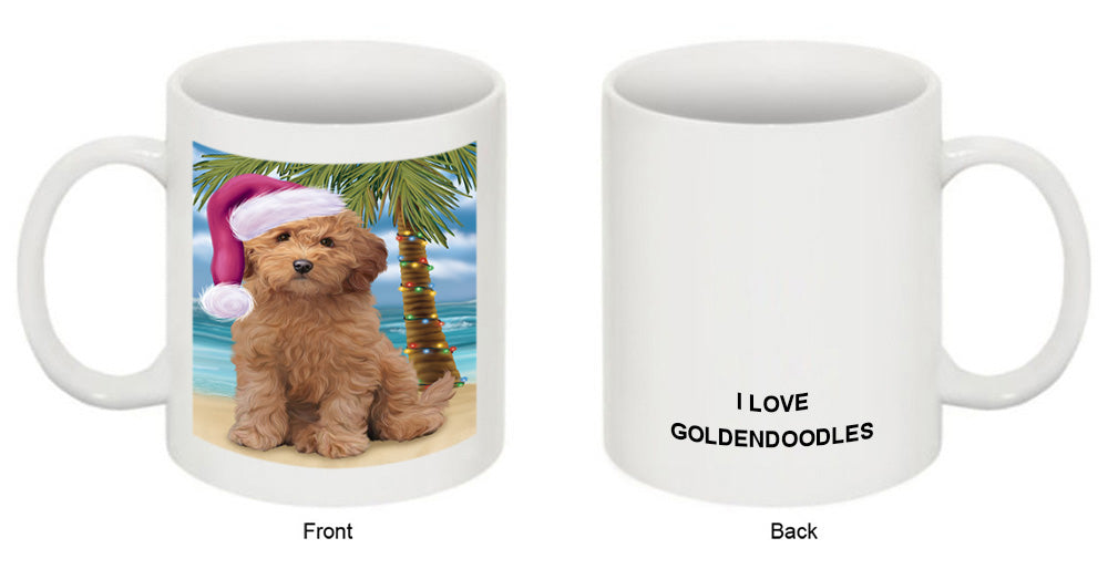 Summertime Happy Holidays Christmas Goldendoodle Dog on Tropical Island Beach Coffee Mug MUG49829
