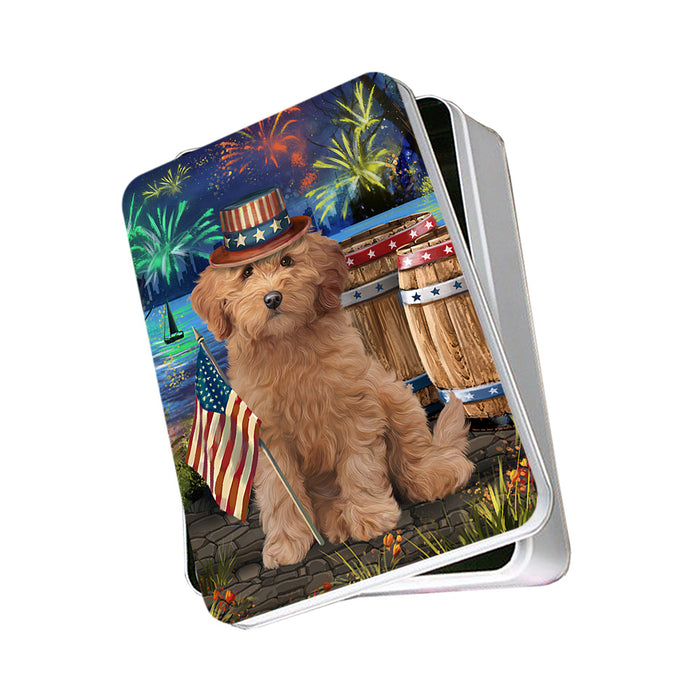 4th of July Independence Day Fireworks Goldendoodle Dog at the Lake Photo Storage Tin PITN51156
