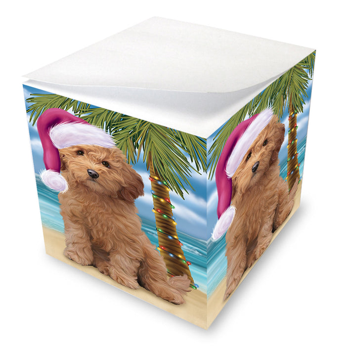 Summertime Happy Holidays Christmas Goldendoodle Dog on Tropical Island Beach Note Cube NOC56077