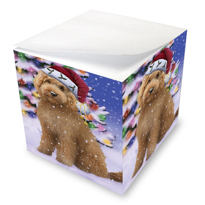 Winterland Wonderland Goldendoodle Dog In Christmas Holiday Scenic Background Note Cube NOC55400