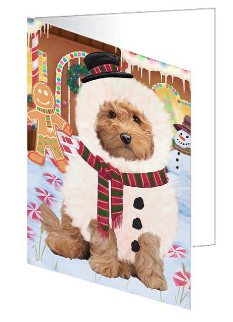 Christmas Gingerbread House Candyfest Goldendoodle Dog Handmade Artwork Assorted Pets Greeting Cards and Note Cards with Envelopes for All Occasions and Holiday Seasons GCD73550