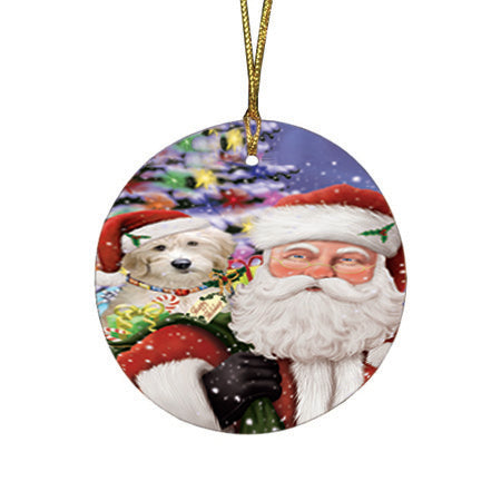 Santa Carrying Goldendoodle Dog and Christmas Presents Round Flat Christmas Ornament RFPOR53680