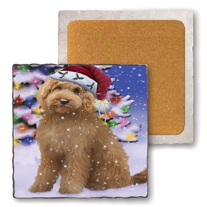 Winterland Wonderland Goldendoodle Dog In Christmas Holiday Scenic Background Set of 4 Natural Stone Marble Tile Coasters MCST48754