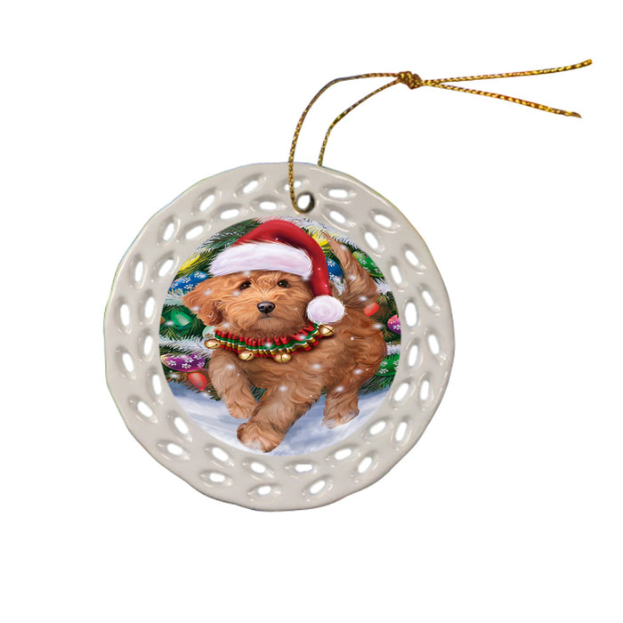 Trotting in the Snow Goldendoodle Dog Ceramic Doily Ornament DPOR54712