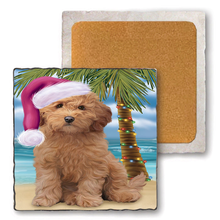Summertime Happy Holidays Christmas Goldendoodle Dog on Tropical Island Beach Set of 4 Natural Stone Marble Tile Coasters MCST49431