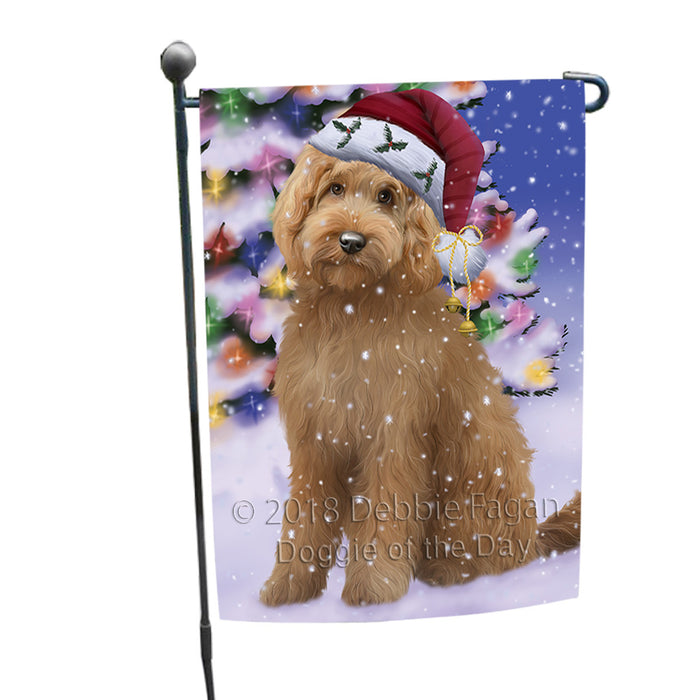 Winterland Wonderland Goldendoodle Dog In Christmas Holiday Scenic Background Garden Flag GFLG53816
