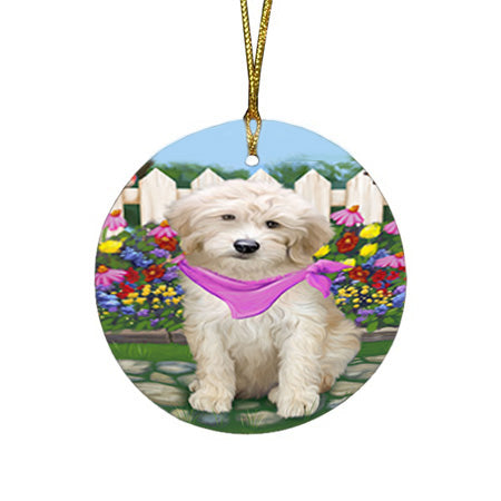 Spring Floral Goldendoodle Dog Round Flat Christmas Ornament RFPOR52249