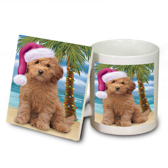 Summertime Happy Holidays Christmas Goldendoodle Dog on Tropical Island Beach Mug and Coaster Set MUC54423