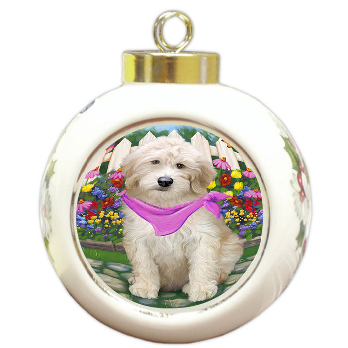 Spring Floral Goldendoodle Dog Round Ball Christmas Ornament RBPOR52258