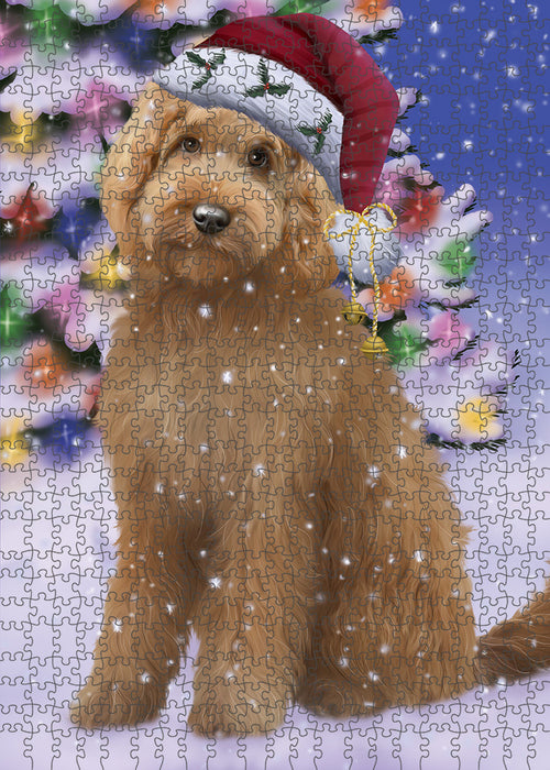 Winterland Wonderland Goldendoodle Dog In Christmas Holiday Scenic Background Puzzle with Photo Tin PUZL82172