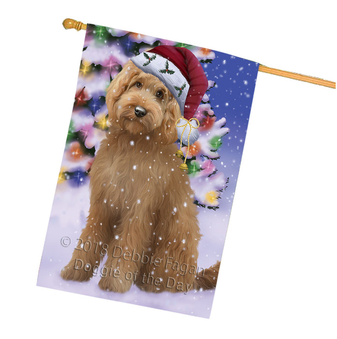 Winterland Wonderland Goldendoodle Dog In Christmas Holiday Scenic Background House Flag FLG53952