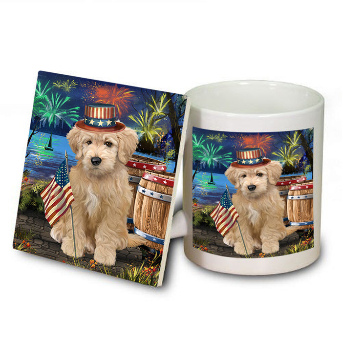 4th of July Independence Day Firework Goldendoodle Dog Mug and Coaster Set MUC54042