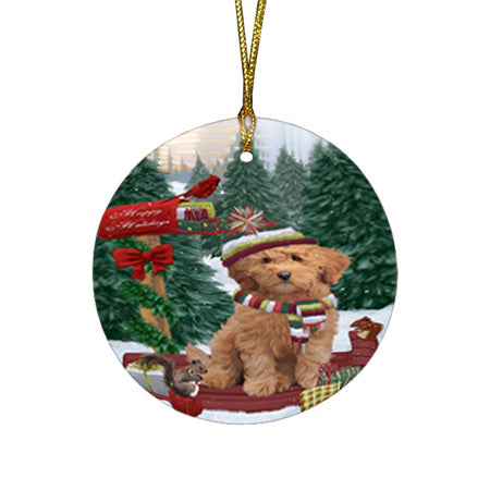 Merry Christmas Woodland Sled Goldendoodle Dog Round Flat Christmas Ornament RFPOR55294