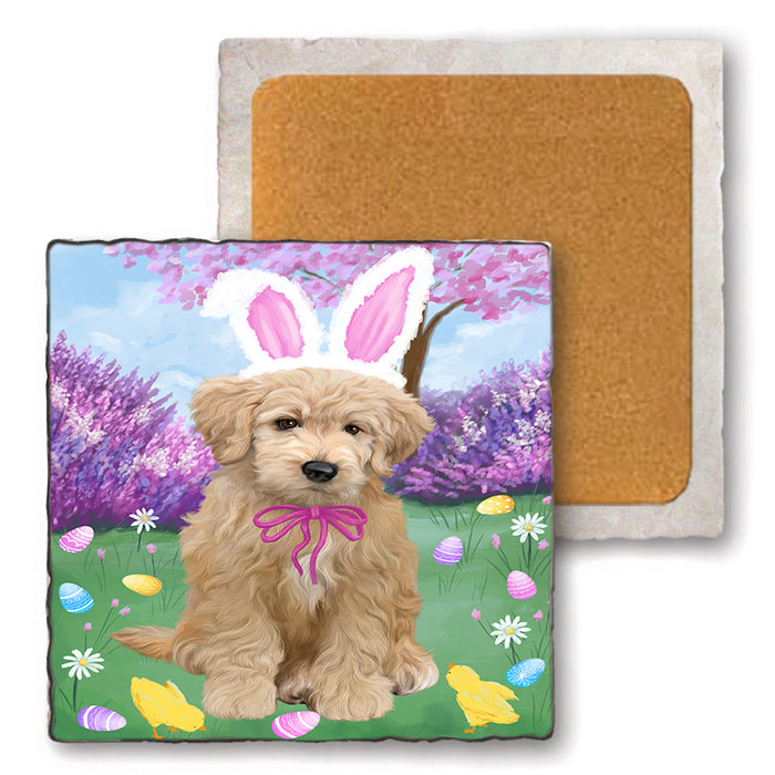 Easter Holiday Goldendoodle Dog Set of 4 Natural Stone Marble Tile Coasters MCST51902