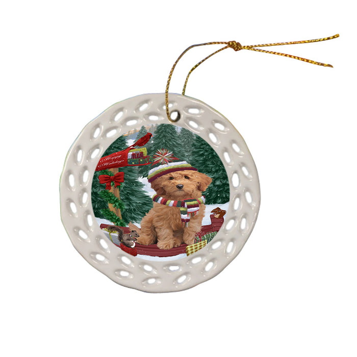 Merry Christmas Woodland Sled Goldendoodle Dog Ceramic Doily Ornament DPOR55294