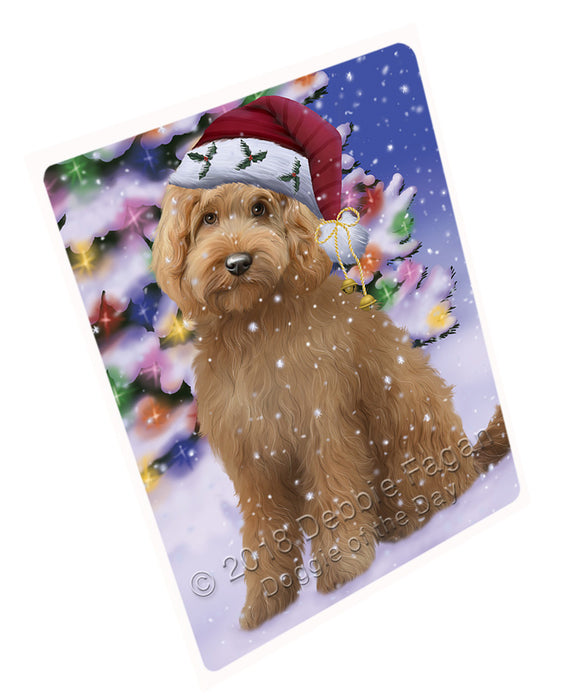 Winterland Wonderland Goldendoodle Dog In Christmas Holiday Scenic Background Cutting Board C65706