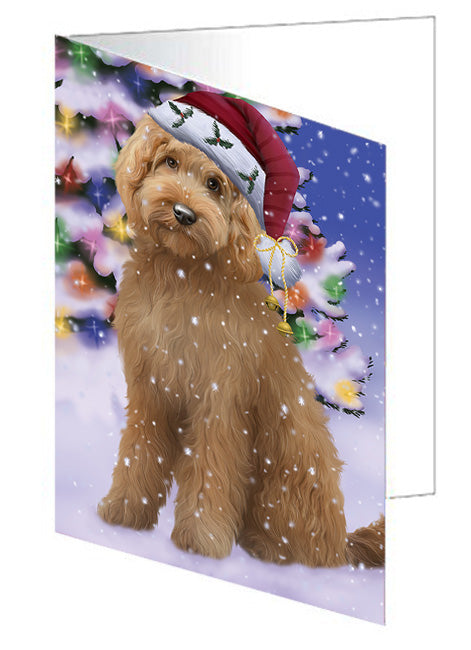 Winterland Wonderland Goldendoodle Dog In Christmas Holiday Scenic Background Handmade Artwork Assorted Pets Greeting Cards and Note Cards with Envelopes for All Occasions and Holiday Seasons GCD65291