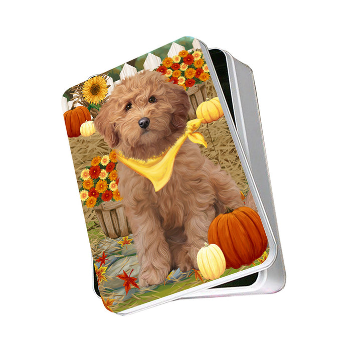 Fall Autumn Greeting Goldendoodle Dog with Pumpkins Photo Storage Tin PITN52329