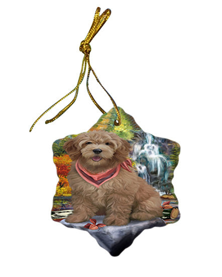 Scenic Waterfall Goldendoodle Dog Star Porcelain Ornament SPOR51884