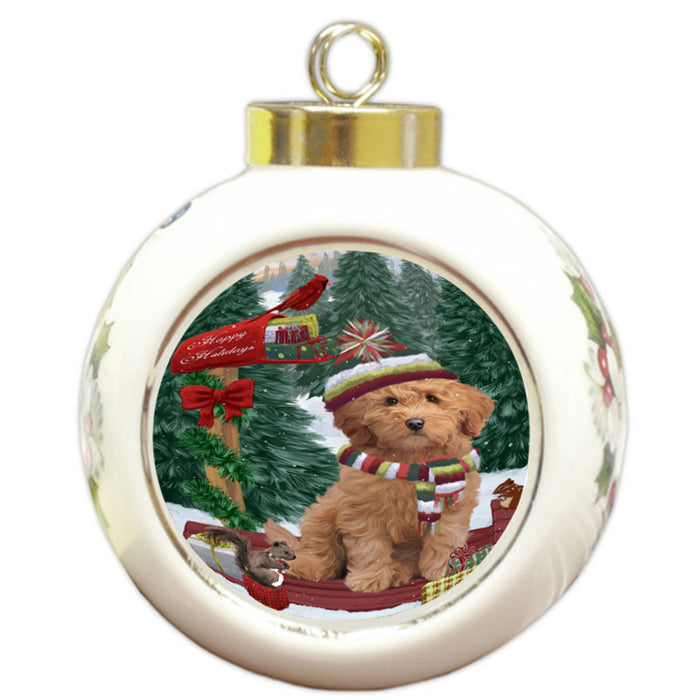 Merry Christmas Woodland Sled Goldendoodle Dog Round Ball Christmas Ornament RBPOR55294