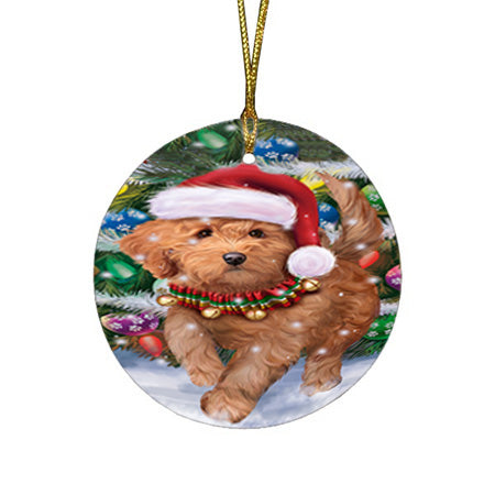 Trotting in the Snow Goldendoodle Dog Round Flat Christmas Ornament RFPOR54703
