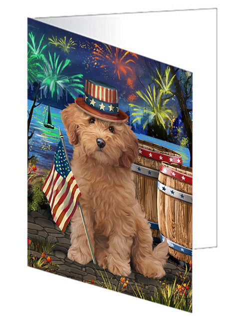 4th of July Independence Day Fireworks Goldendoodle Dog at the Lake Handmade Artwork Assorted Pets Greeting Cards and Note Cards with Envelopes for All Occasions and Holiday Seasons GCD57497